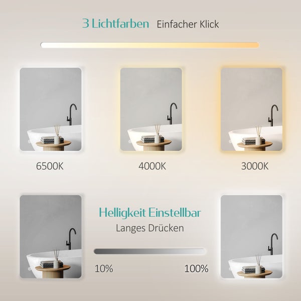 Spiegel mit einstellbarer Helligkeit und drei Lichtfarben zur Badgestaltung
