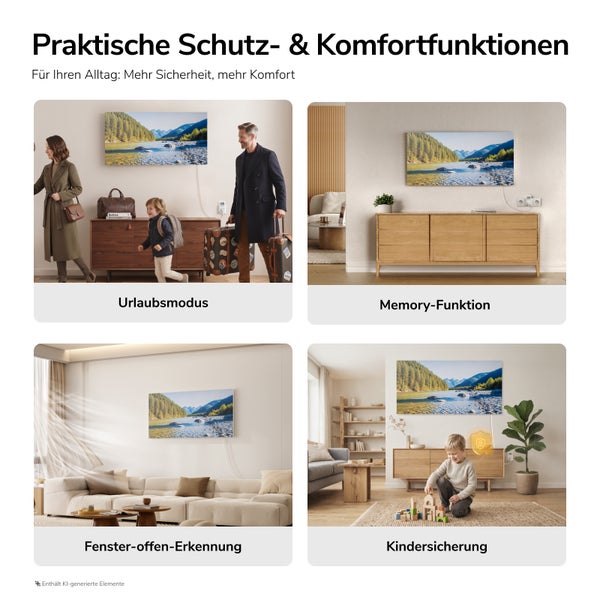 Übersicht der Heizungsfunktionen mit Urlaubsmodus, Memory Funktion, Fenster offen Erkennung und Kindersicherung für mehr Sicherheit und Komfort.