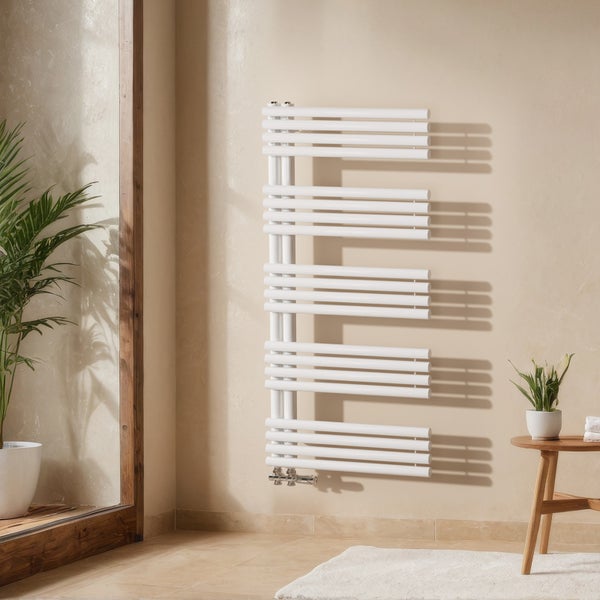 EMKE Badheizkörper mit Handtuchfunktion 1265×600 mm Rundrohr, Warmwasserheizung, Weiß, 776W, Stahl, Wandmontage, für Badezimmer geeignet
