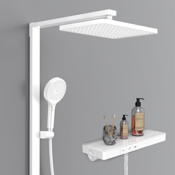 EMKE Duschsystem mit Thermostat, Mattweiß, Duscharmatur-Komplettset, 3-Strahlarten-Duschkopf, Temperatur-LED-Display, Chlorfilter, mit 40 cm Ablagearmatur, für Badezimmer