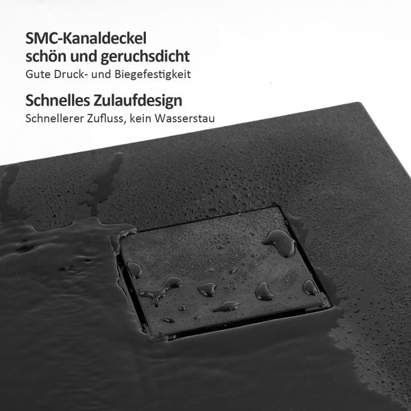EMKE Duschwanne Viertelkreis 80x80 cm – Flache rutschfeste Duschtasse aus SMC, Schwarz, ohne Ablaufgarnitur, für Dusche