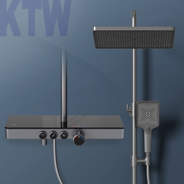 EMKE Duschsystem mit Thermostat 38 °C, 3 Strahlart(en), Überkopfbrause, Handbrause mit 3 Funktionen, unterer Wasserauslass, Verbrühungsschutz, Wandmontage, 114,6 × 45 × 48 cm, Anthrazit Matt