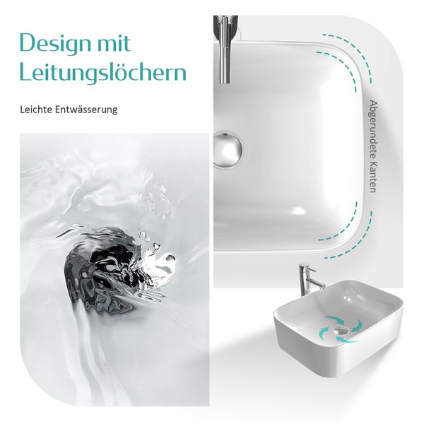 EMKE Aufsatzwaschbecken 705 × 380 mm, Rechteckiges Keramik Waschbecken, glänzend Weiß, ohne Hahnloch, R-Ecken-Design, Waschtisch für Badezimmer und Gäste-WC, modernes Design,  Höhe 150 mm