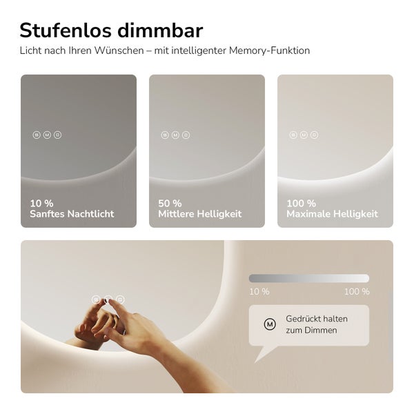 Infografik zur stufenlosen Dimmfunktion eines Spiegels mit Memory Funktion und Touch Bedienung zur Anpassung der Lichthelligkeit.