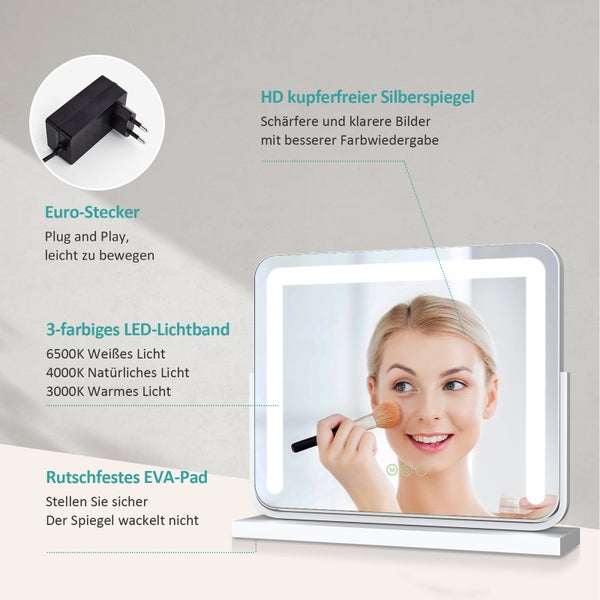 EMKE LED-Kosmetikspiegel 500x416mm, dimmbar mit 3 Lichtfarben, Touchschalter & Memory-Funktion, 360° drehbar, HD-Spiegelfläche, bohrfrei, Weiß