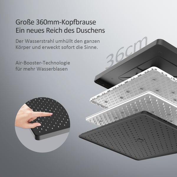 EMKE Duschsystem Duschset mit Thermostat, extra‑flache Kopfbrause 36 cm, Handbrause 3 Strahlarten, 71 cm Ablage, Schwarz