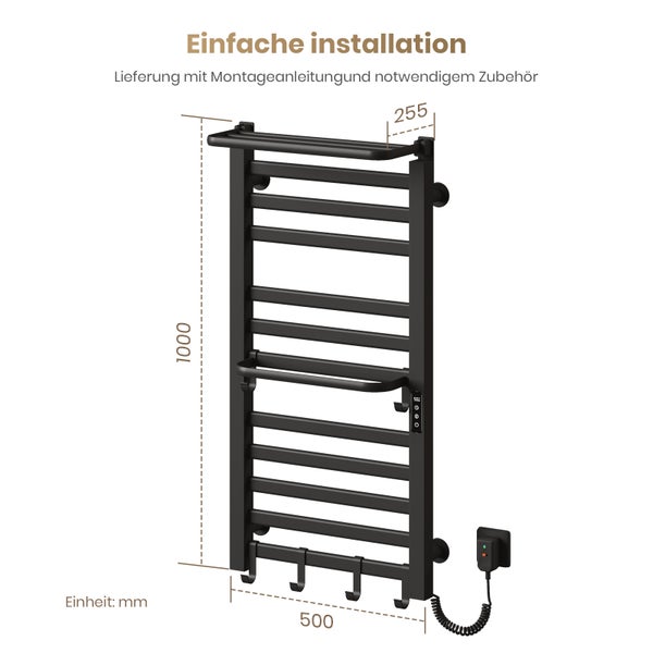 EMKE Handtuchheizkörper elektrisch 1000 x 500 x 255 mm Schwarz Matt WLAN Touchscreen Ablage Haken IPX5 280W