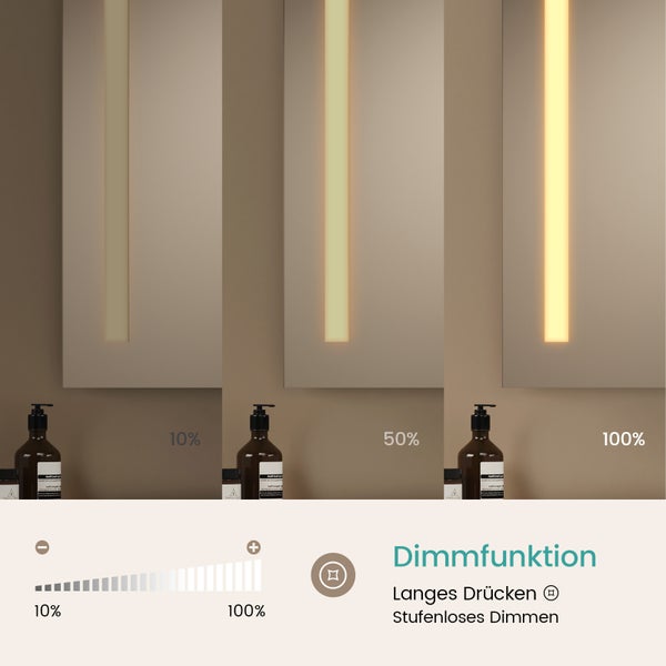 Dimmfunktion eines Spiegels für das Badezimmer mit unterschiedlicher Helligkeit.