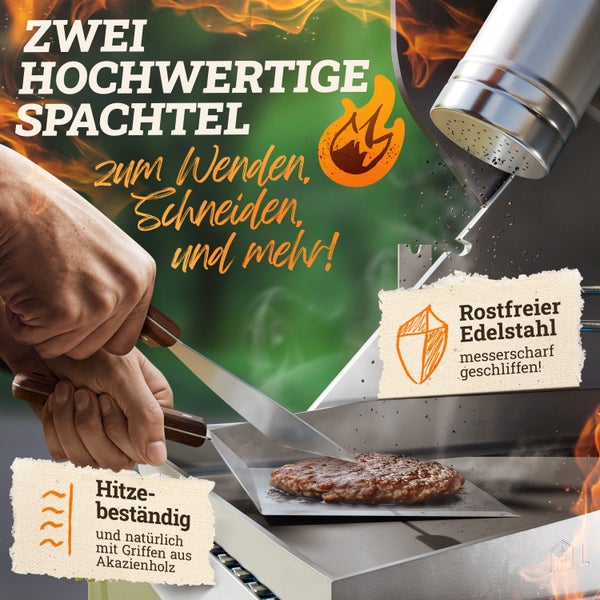 LIKAYA® Burger Smasher & Grillspachtel Set [4-tlg.]  Edelstahl mit Akazienholz-Griff für Plancha, Grillplatte, Gasgrill & Feuerplatte | 1x Smasher, 1x Spachtel, 1x Wender & 20x Burgerpapier
