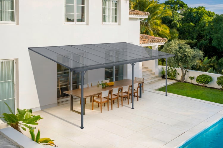 Terrassenüberdachung garten alu Grau KLEO - Höhe verstellbar 556x300x225/270 cm - mit Polycarbonat Dach Grau halbtransparent 6mm Auch Pergola/Carport
