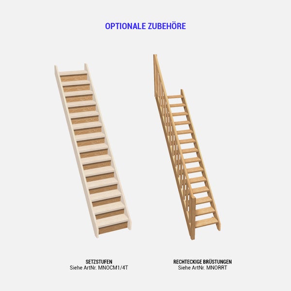 Optionale Zubehörteile: Setzstufen und rechteckige Brüstungen für Treppen.