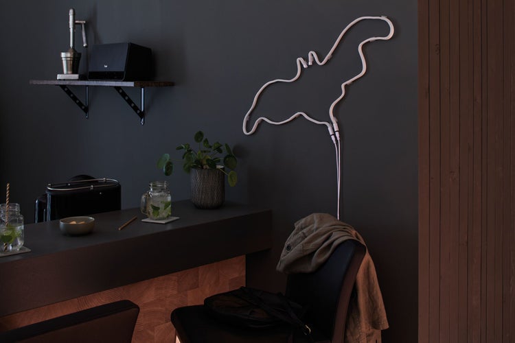 Dekorativer Raum mit Leuchtelement in Fledermausform an der Wand.