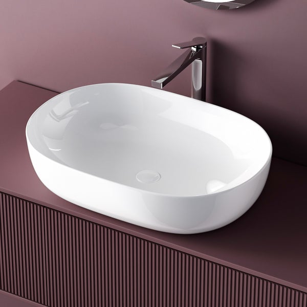 EMKE Aufsatzwaschbecken, Ovales Waschbecken 600 x 415 mm, Glänzend Weiß, Keramik, Ohne Hahnloch, Pflegeleicht, Antibakteriell & Feuchtigkeitsbeständig, Für Bad & WC, Höhe 146 mm