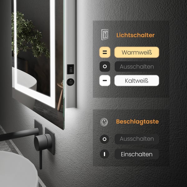 EMKE Badspiegel mit Beleuchtung 45 x 60 cm, Kaltweiß/Warmweiß, LED-Spiegel mit Kippschalter, Anti-Beschlag, Vertikal oder Horizontal