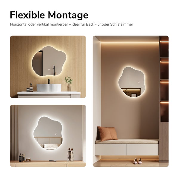 LED Wandspiegel mit organischer Form, horizontal oder vertikal montierbar für Bad, Flur oder Schlafzimmer.