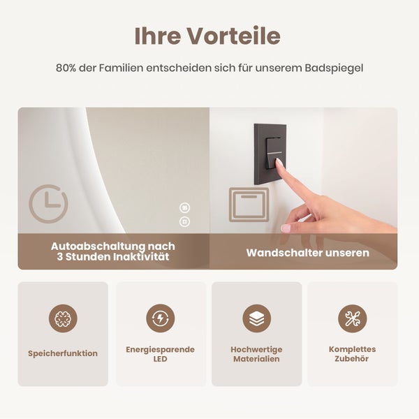 Produktvorteile des Badezimmerspiegels mit automatischer Abschaltung, Wandschalterkompatibilität, Speicherfunktion, LED Beleuchtung und Zubehör.