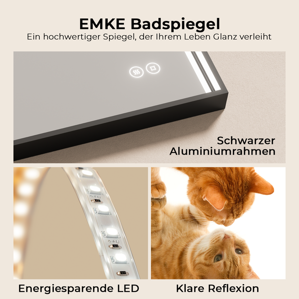 EMKE LED Badspiegel 60x60 cm, dekoratives Mond-Design, dimmbare Beleuchtung, Anti-Beschlag, schwarzer Rahmen, IP44, zur Wandmontage, für Badezimmer & Schlafzimmer