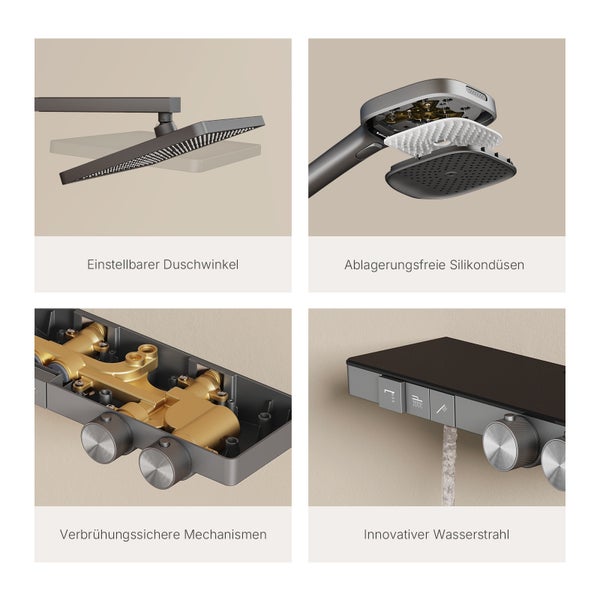 Detailansichten einer Duscharmatur, die verstellbare Duschwinkel, ablagerungsfreie Silikondüsen, berührungssichere Mechanismen und einen innovativen Wasserstrahl zeigt