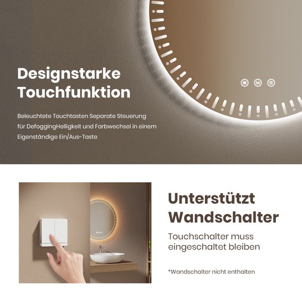 EMKE LED Badspiegel Ø50 cm, rundumlaufende LED-Hintergrundbeleuchtung, Touchschalter, 3 Farbtemperaturen, dimmbar, Antibeschlag, IP44, für Badezimmer