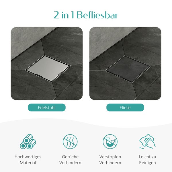 EMKE Duschrinne Quadratischer Bodenablauf 2 in 1 Komplettset Edelstahl Duschrinne mit Bodenablaufabdeckung,Geruchsstop und Haarsieb Randablauf Chrom