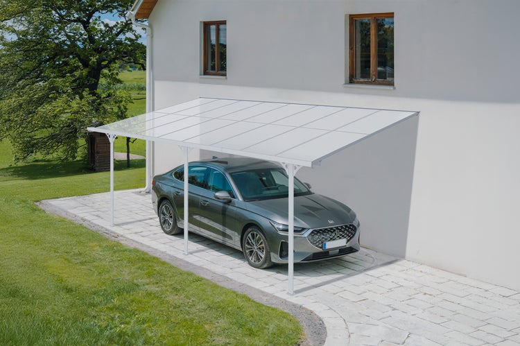 Terrassenüberdachung garten alu Weiß KLEO - Höhe verstellbar 495x300x225/270 cm - mit Polycarbonat Dach Weiß halbtransparent 6mm Auch Pergola/Carport