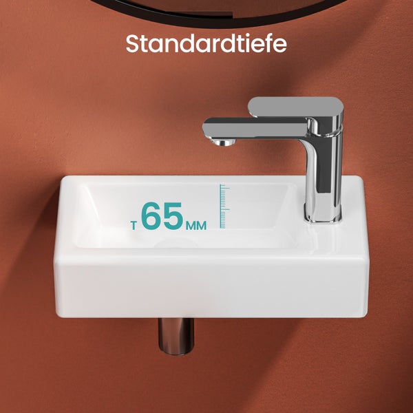 EMKE Waschbecken Keramik 370 × 178 mm, Rechteck, glänzend Weiß, Höhe 95 mm, mit Bohrung rechts für Wasserhahn, Wandmontage, Handwaschbecken, Wandwaschbecken für Badezimmer und Gäste-WC