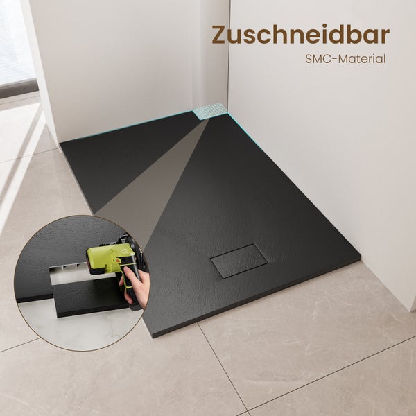EMKE Duschwanne 120x90cm Flach, Rechteckig, Anti-Rutsch, Zuschneidbare SMC Duschtasse, Schwarz