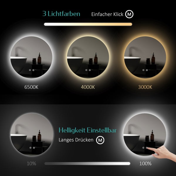 Einstellbare Lichtfarben und Helligkeit eines Spiegels im Badezimmer