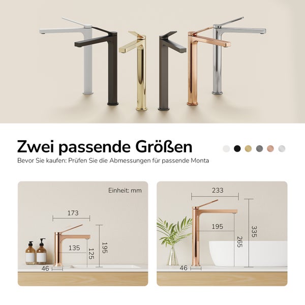 Verschiedene Waschtischarmaturen und schematische Darstellung der Abmessungen