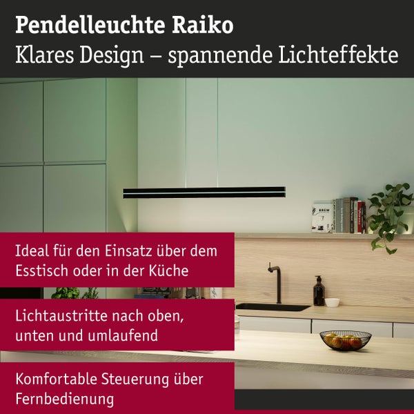 Moderne schwarze Pendelleuchte Raiko in einer hellen Küche über einer Kücheninsel mit Holzdekor, mit Lichtaustritt oben, unten und seitlich.
