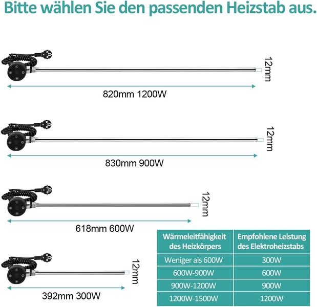 EMKE Heizstab 1200W mit Thermostat und LCD Bildschirm, Heizpatrone für Badheizkörper Heizelemente aus Edelstahl Heizungen Handtuchwärmer Schwarz
