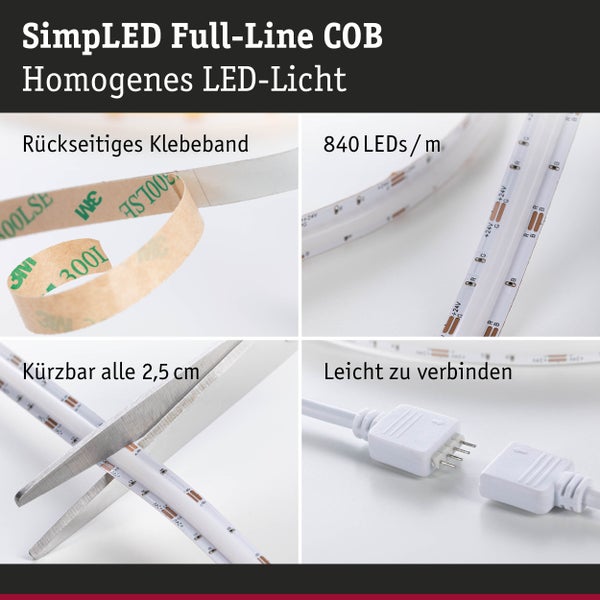 SimpLED Full-Line COB LED-Streifen Eigenschaften: Rückseitiges Klebeband, 840 LEDs pro Meter, kürzbar alle 2,5 Zentimeter, leicht zu verbinden
