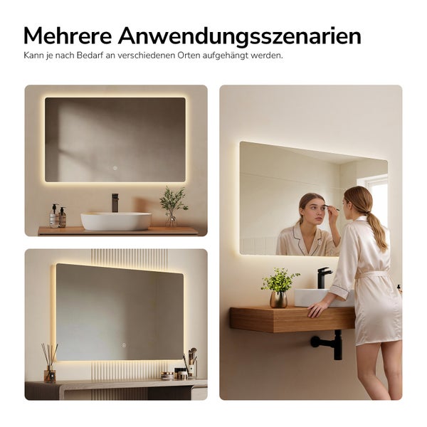 Beleuchteter Wandspiegel für Badezimmer oder Schlafzimmer in drei verschiedenen Einbauszenarien mit indirektem Licht.