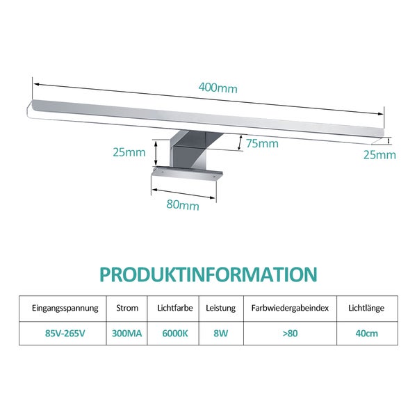 EMKE Spiegelleuchte LED Spiegelleuchte 40cm Spiegellampen für Badezimmer IP44 Schrankleuchte, Chrom, Kaltweißes Licht 6000K