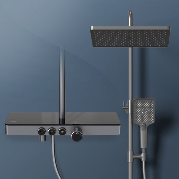 EMKE Duschsystem mit Thermostat 38 °C, 3 Strahlart(en), Überkopfbrause, Handbrause mit 3 Funktionen, unterer Wasserauslass, Verbrühungsschutz, Wandmontage, 114,6 × 45 × 48 cm, Anthrazit Matt
