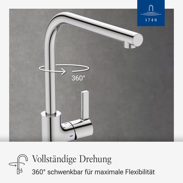 Detailaufnahme einer glänzenden Waschtischarmatur von Villeroy und Boch mit Langlebige FirmaFlow Kartusche für fünfhunderttausend Zyklen.