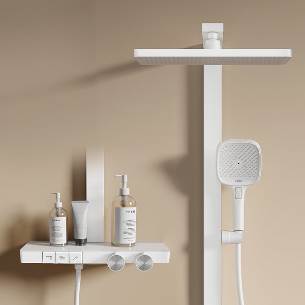 EMKE Duschsystem mit Thermostat, LED-Temperaturanzeige, Regendusche 36 x 24 cm, 4 Strahlarten, höhenverstellbare Brausestange, Weiß Matt