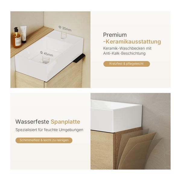 Detailaufnahme eines weißen Keramikwaschbeckens mit den Maßen 45 Millimeter und 35 Millimeter für die Ablaufrohre auf einem Waschtischunterschrank aus Holzwerkstoff mit wasserfester Spanplatte.