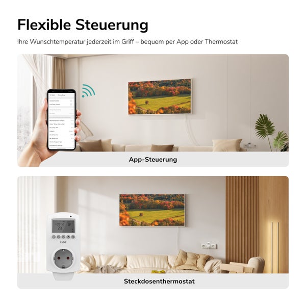 Smartes Heizungssteuerungssystem mit App-Bedienung und digitalem Steckdosenthermostat zur flexiblen Temperaturregelung im Wohnraum.