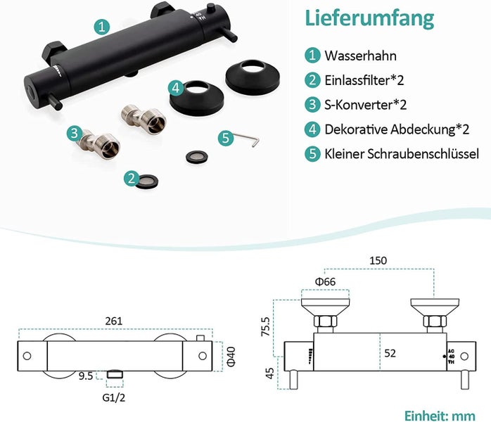 EMKE Duscharmatur - Thermostat Duscharmatur, 1-Loch Duschthermostat, Duschhahn, Schwarz