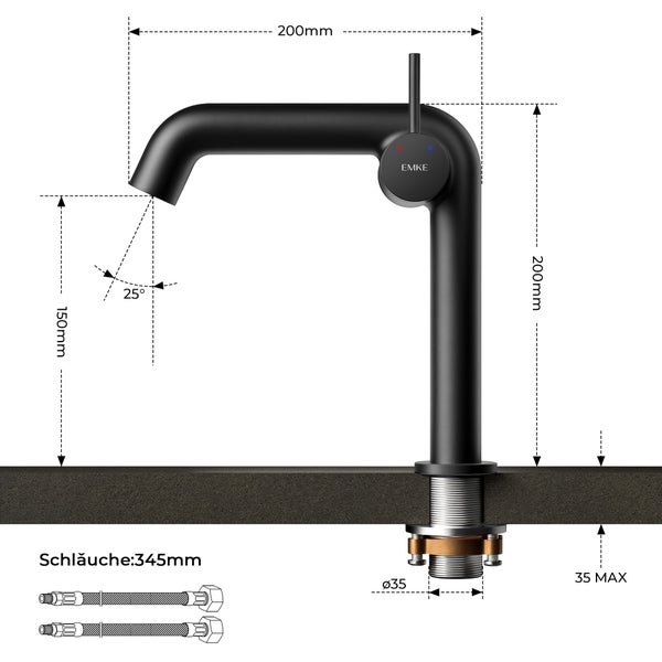 EMKE Einhebel-Waschtischarmatur, Badarmaturen, Waschbecken Armatur - Schweizer Design, Minimalistisches Design，G3/8, Wassersparend, Korrosionsschutz, Warm- & Kaltwasser, Bleifreies Messing, Pflegeleicht, Schwarz Matt