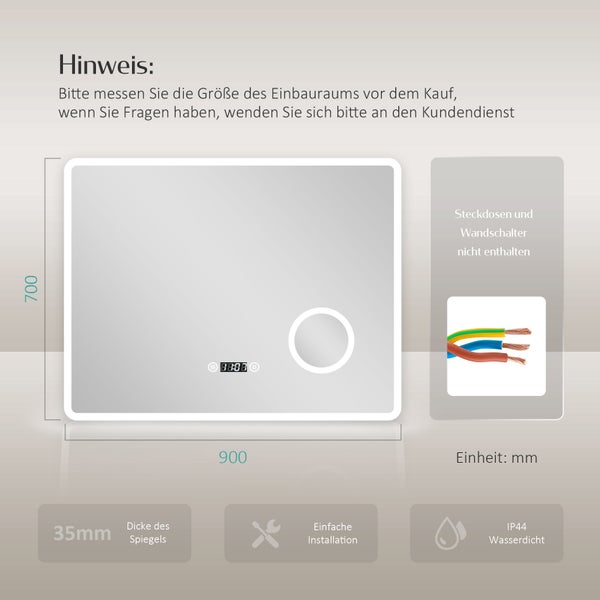 EMKE LED Badspiegel 900x700 mm, Kaltweiß, mit Anti-Beschlag-Funktion, Uhranzeige, 3-fache Vergrößerung, Speicherfunktion, IP44, für das Badezimmer geeignet