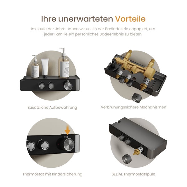 Produktübersicht der Armaturenfunktionen wie zusätzliche Aufbewahrung, Verbrühschutz, Thermostat mit Kindersicherung und SEDAL Thermostatkartusche
