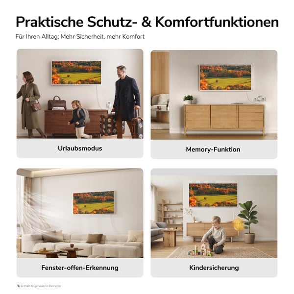 Infografik zeigt Funktionen von Heizgeräten wie Urlaubsmodus, Memory Funktion, Fenster offen Erkennung und Kindersicherung für mehr Sicherheit.