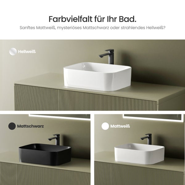 Waschtische in Hellweiss, Mattschwarz und Mattweiss auf einem Waschtischunterschrank.