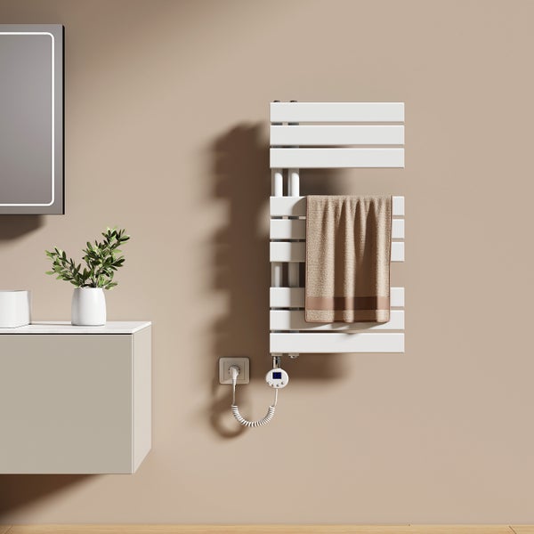 EMKE Elektrischer Handtuchheizkörper 40×76 cm, mit Thermostat & Timer, vertikal, seitlich offen, 400 W, Weiß, für Badezimmer