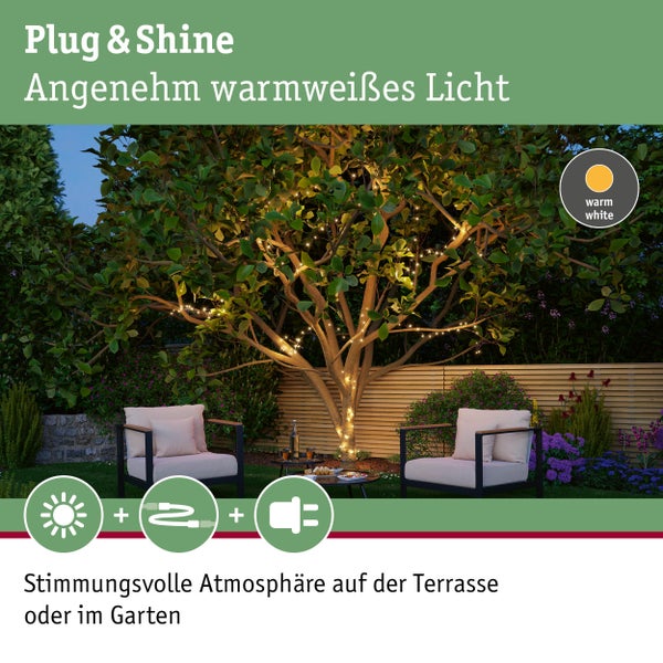 Plug and Shine Beleuchtung mit warmweißem Licht für stimmungsvolle Atmosphäre im Garten oder auf der Terrasse.