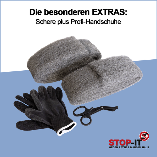Zubehör für den Nagetierschutz bestehend aus zwei Rollen Stahlwolle, Arbeitshandschuhen und einer Schere. STOP-IT Logo.