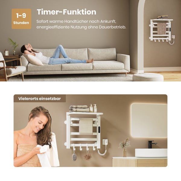 Weißer elektrischer Handtuchheizkörper mit Timer-Funktion für ein bis neun Stunden, dargestellt im Wohn- und Badezimmer, mit Ablage und Haken.