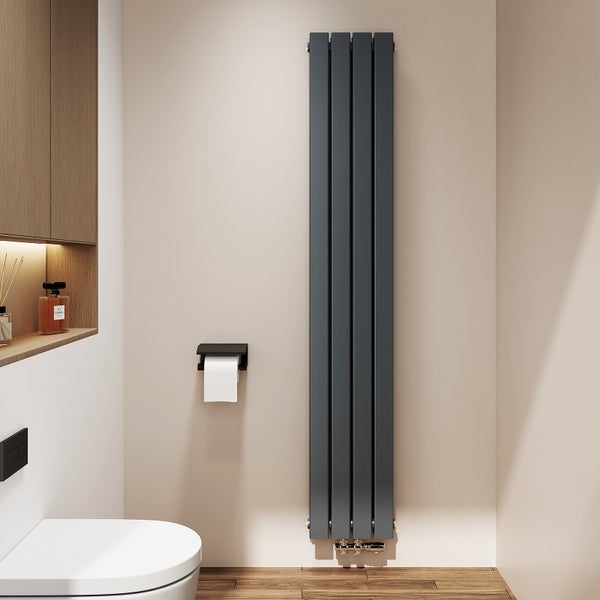 Modernes Badezimmer mit einem grauen Heizkörper, Toilette und Toilettenpapierhalter